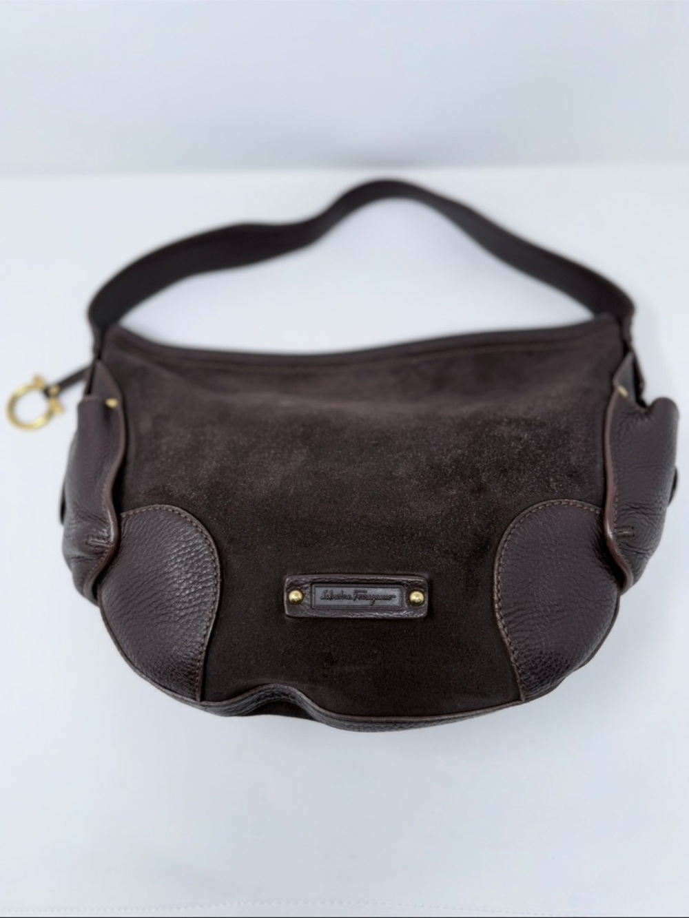 Salvatore Ferragamo Chocolate Brown Suede & Leather Hobo Shoulder Bag
